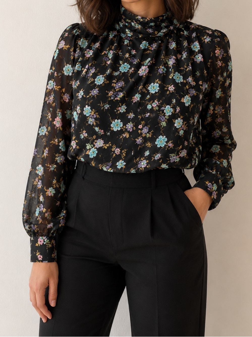 Zara Black Floral Tie-Neck Blouse with Pastel Blooms